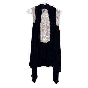 Black Open Front Cardigan Vest With Cream Crochet Back & Shoulders  L